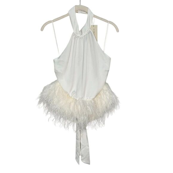 Ramy Brook NEW $365 White Danni Mock Neck Feather Blouse Top Size Medium - Picture 3 of 9